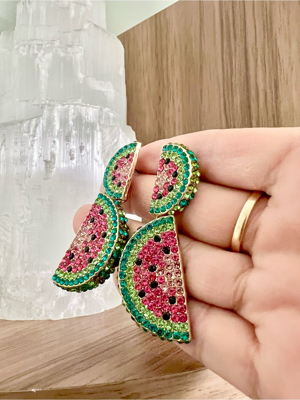 Pink & Green Crystal Watermelon Drop Earrings - Women Jewelry